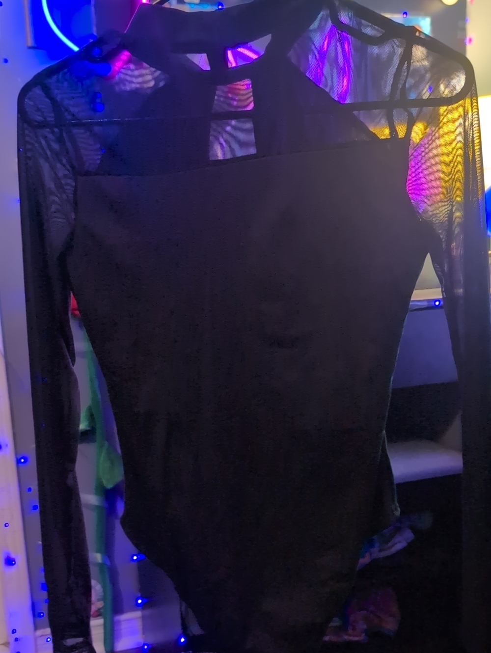 CHANEL Black Sheer Long-Sleeve Bodysuit Wirh Collar